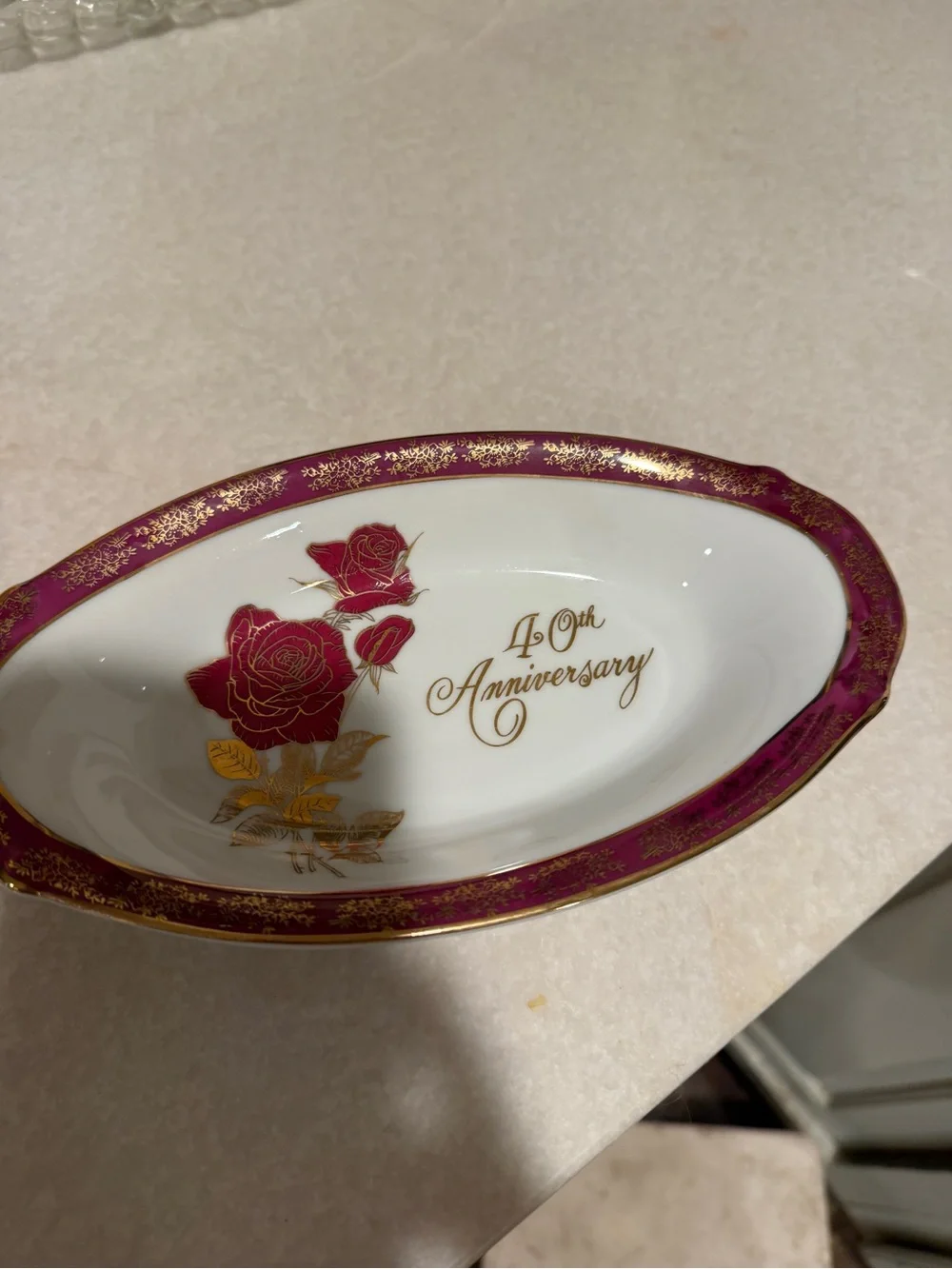 40th Anniversary Rose Decorative Serving Dish - White and Plum